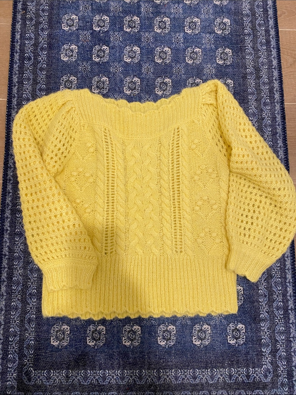 LoveShackFancy Cheerful Yellow Off‑the‑Shoulder Cable Knit Sweater
